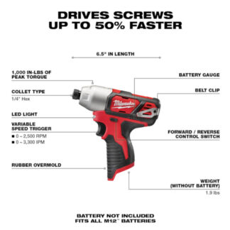 Milwaukee 2462-20 M12™ 1/4” Hex Impact Driver - Tool Only