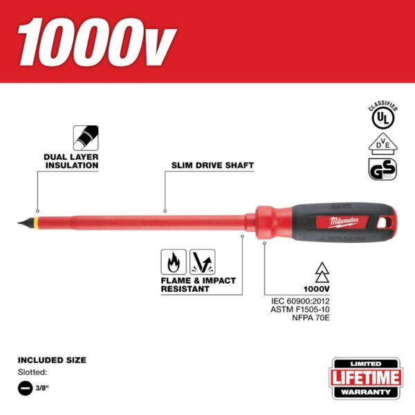 Milwaukee 48-22-2223 3/8″ Slotted – 8″ 1000V Insulated Screwdriver