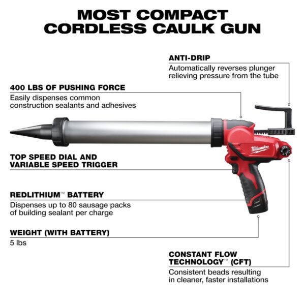Milwaukee 2442-21 M12 20oz. Aluminum Barrel Sausage Style Caulk and Adhesive Gun Kit