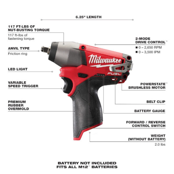 Milwaukee 2454-20 M12 FUEL 3/8" Impact Wrench - Tool Only