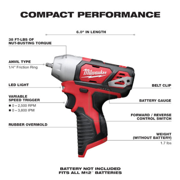 Milwaukee 2461-20 M12™ 1/4” Impact Wrench - Tool Only