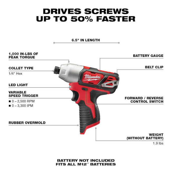 Milwaukee 246220 M12 1/4" Hex Impact Driver BC Fasteners