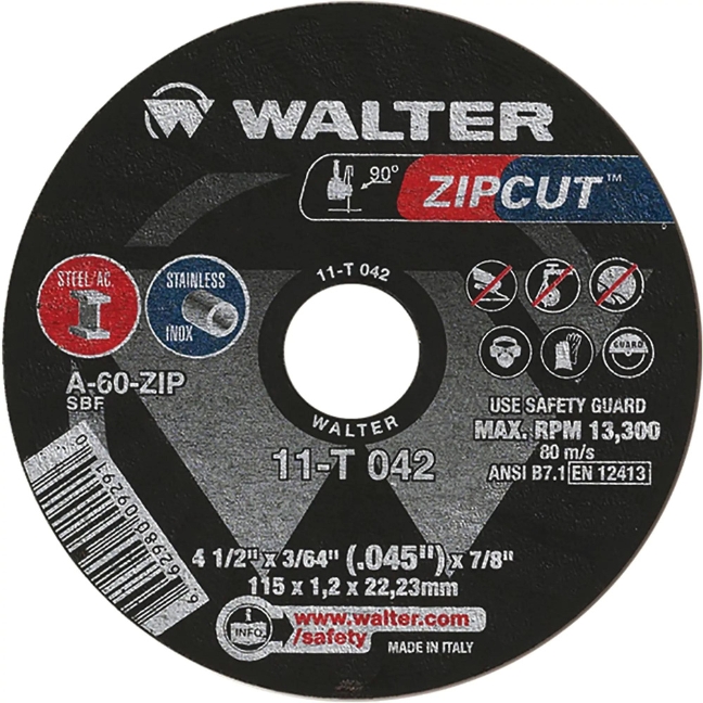 Walter 11T042 ZIPCUT Thin Cut-Off Wheel 4-1/2"x3/64"x7/8" Type 1
