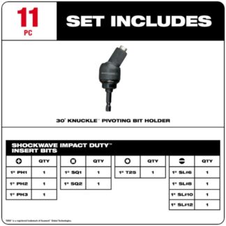 Milwaukee 48-32-2301 SHOCKWAVE 30º KNUCKLE Pivoting Bit Holder 11-Piece