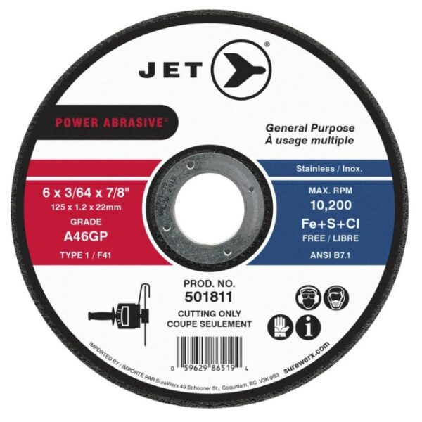 Jet 501811 6" x 3/64" x 7/8" A46GP T1 POWER ABRASIVE Cut-Off Wheel Jet 501811 6" x 3/64" x 7/8" A46GP T1 POWER ABRASIVE Cut-Off Wheel