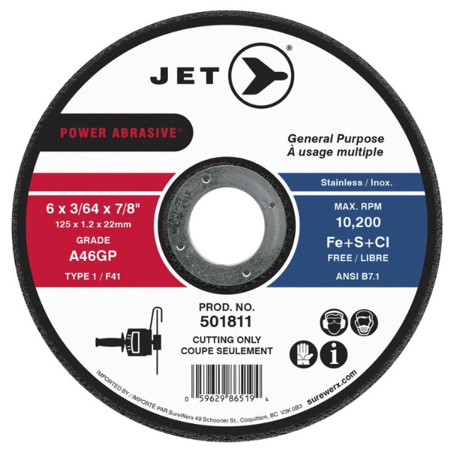 Jet 501811 6" x 3/64" x 7/8" A46GP T1 POWER ABRASIVE Cut-Off Wheel
