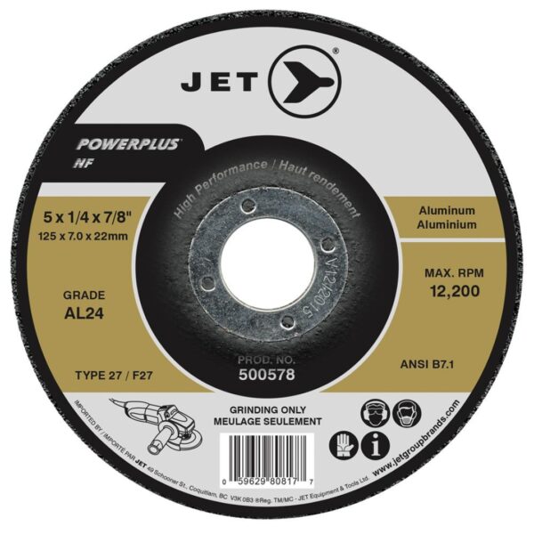 Jet 500578 5 x 14 x 78 AL24 T27 POWERPLUS NF Grinding Wheel for Aluminum Jet 500578 5" x 1/4" x 7/8" AL24 T27 POWERPLUS NF Grinding Wheel for Aluminum
