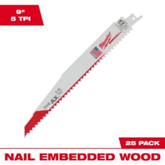 Milwaukee 48-00-8026 9" 5TPI AX Nail Embedded Wood Cutting SAWZALL Blades 25-Pack