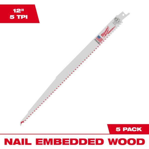 Milwaukee 48-00-5037 12" 5TPI Bi-Metal Thin Kerf SAWZALL Blade for Wood Cutting 5-Pack