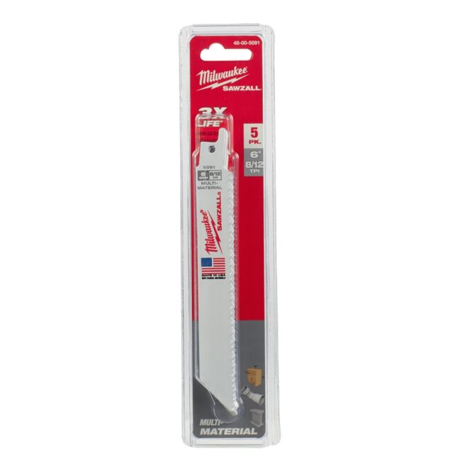 Milwaukee 48-00-5091 6" 8/12TPI Thin Kerf Bi-Metal SAWZALL Blade for Metal, Plastic and Wood 5-Pack