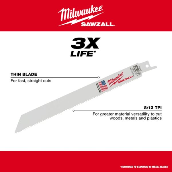 Milwaukee 48-00-5093 8" 8/12TPI Thin Kerf Bi-Metal SAWZALL Blade for Metal, Plastic and Wood 5-Pack