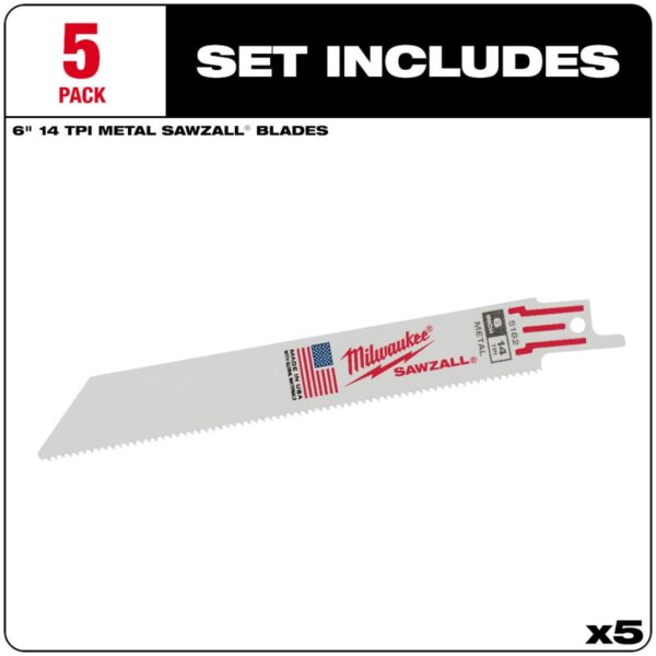 Milwaukee 48-00-5182 6" 14TPI Thin Kerf Bi-Metal SAWZALL Blade for Metal Cutting 5-Pack