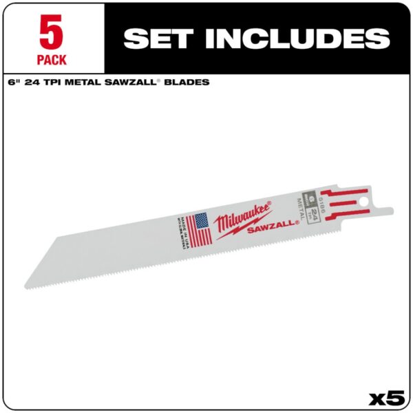 Milwaukee 48-00-5186 6" 24TPI Thin Kerf Bi-Metal SAWZALL Blade for Metal Cutting 5-Pack