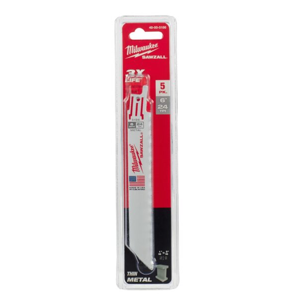 Milwaukee 48-00-5186 6" 24TPI Thin Kerf Bi-Metal SAWZALL Blade for Metal Cutting 5-Pack