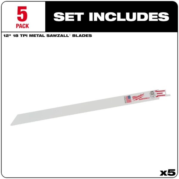 Milwaukee 48-00-5189 12" 18TPI Thin Kerf Bi-Metal SAWZALL Blade for Metal Cutting 5-Pack
