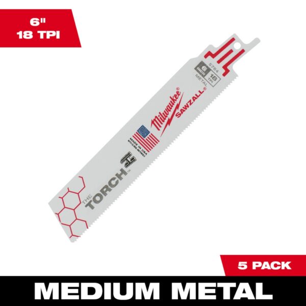 Milwaukee 48-00-5784 TORCH 6 18TPI Bi-Metal SAWZALL Blade for Demo Metal Cutting 5-Pack (1) Milwaukee 48-00-5784 TORCH 6" 18TPI Bi-Metal SAWZALL Blade for Demo Metal Cutting 5-Pack