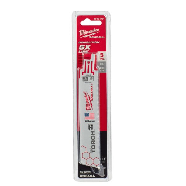 Milwaukee 48-00-5784 TORCH 6 18TPI Bi-Metal SAWZALL Blade for Demo Metal Cutting 5-Pack Milwaukee 48-00-5784 TORCH 6" 18TPI Bi-Metal SAWZALL Blade for Demo Metal Cutting 5-Pack