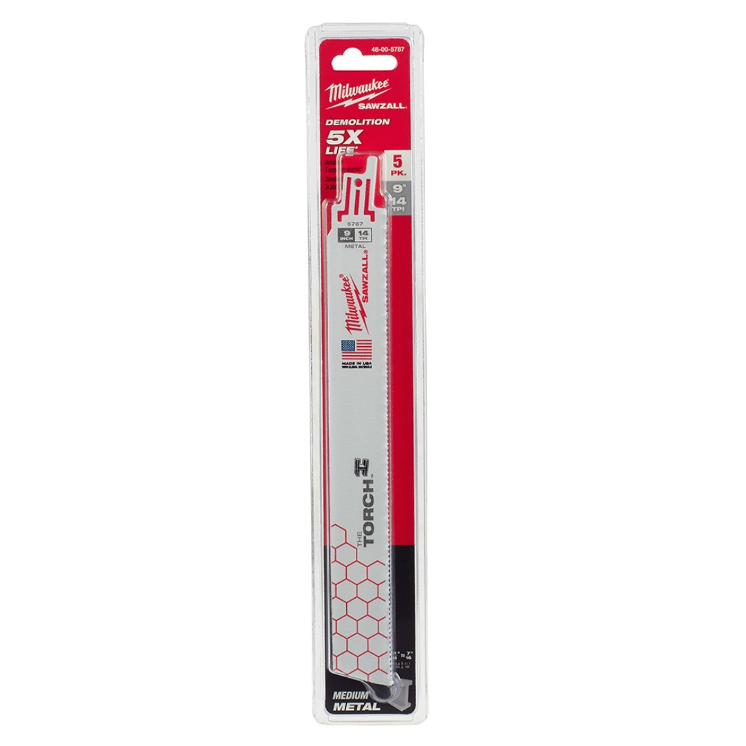 Milwaukee 9 In. 14 TPI TORCH Medium Metal Cutting SAWZALL Reciprocating Saw Blades 5 Pack 48 00 5787s