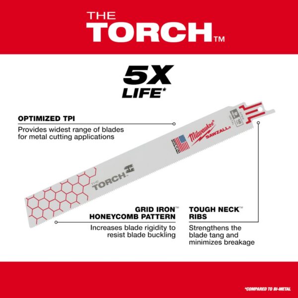 Milwaukee 48-00-5788 TORCH 9″ 18TPI Bi-Metal SAWZALL Blade for Demo Metal Cutting 5-Pack