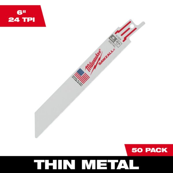 Milwaukee 48-01-6186 6" 24TPI Thin Kerf Bi-Metal SAWZALL Blade for Metal Cutting 50-Pack