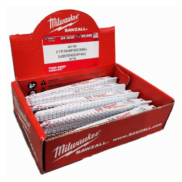 Milwaukee 48-01-7035 6" 5TPI Bi-Metal Thin Kerf SAWZALL Blade for Wood Cutting 100-Pack