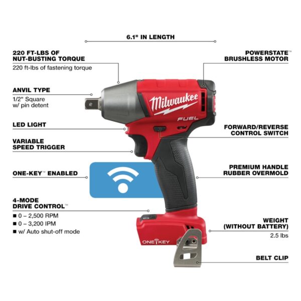 Milwaukee 2759-20 M18 FUEL 12 Impact Wrench with ONE-KEY - Tool Only (1) Milwaukee 2759-20 M18 FUEL 1/2" Impact Wrench with ONE-KEY - Tool Only