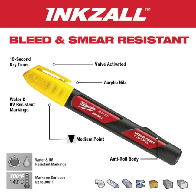 Milwaukee 48223721 INKZALL Yellow Paint Marker BC Fasteners