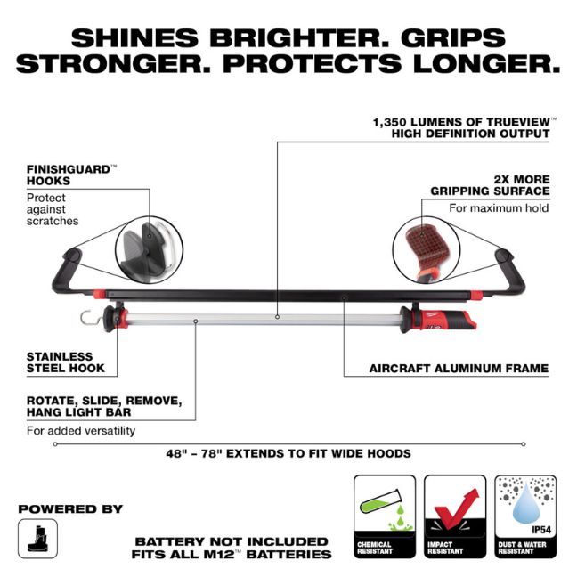Milwaukee® M12™ 2125-20 Cordless Underhood Light, LED Lamp, 12 VDC, 4