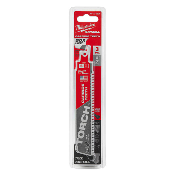 Milwaukee 48-00-5301 TORCH 6" 7TPI Carbide Tipped SAWZALL Blade for Heavy-Duty Metal Cutting 3-Pack