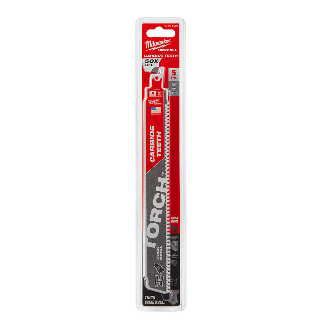 Milwaukee 48-00-5502 9" 7TPI TORCH™ SAWZALL™ Blade with Carbide Teeth-5 Pack