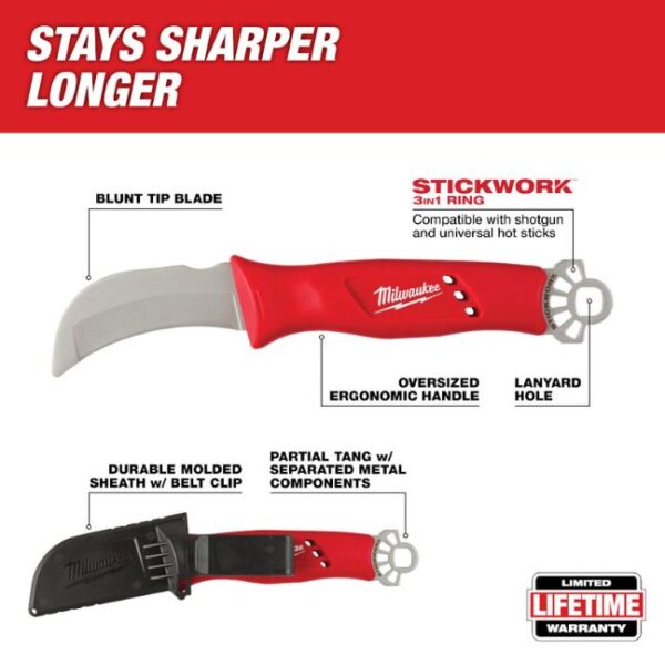 Milwaukee  48-22-1923 Lineman’s Blunt Tip Hawkbill Knife with STICKWORK 3-in-1 Ring