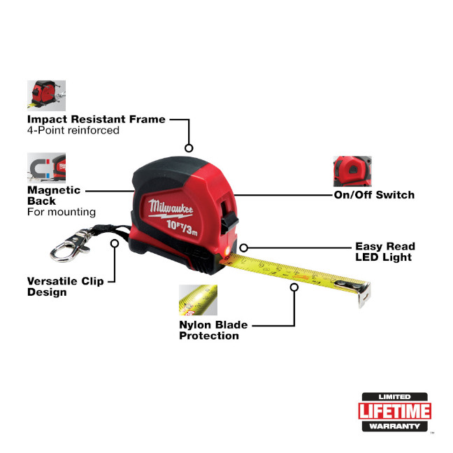 Milwaukee 48226601 10ft/3m Keychain Tape Measure with LED