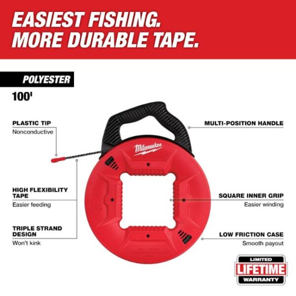 Milwaukee 48‐22‐4165 100ft Polyester Fish Tape with Non-Conductive Tip