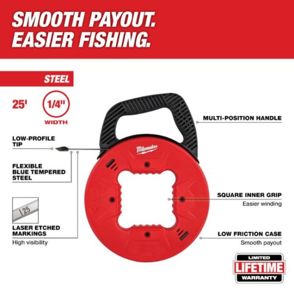 Milwaukee 48‐22‐4181 25ft 1/4" Steel Fish Tape with Low Profile Tip