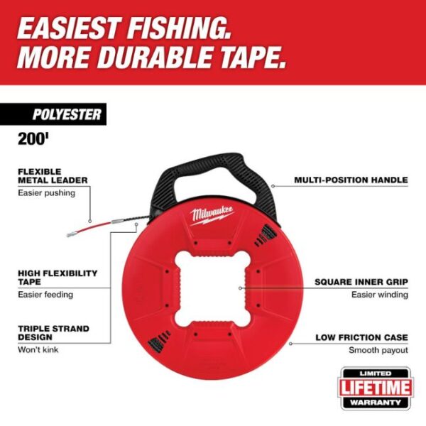 Milwaukee 48‐22‐4197 200ft Polyester Fish Tape with Flexible Metal Leader
