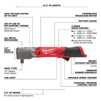 Milwaukee 2565P-20 M12 FUEL 1/2" Right Angle Impact Wrench with Pin Detent Anvil - Tool Only