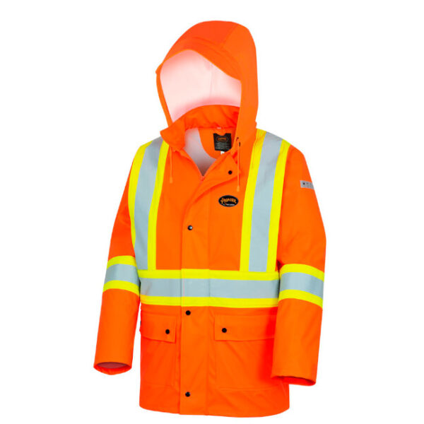 Pioneer 5892PKT V3520550 Hi-Viz Flame Resistant PU Stretch Waterproof Safety Rain Jacket with Pockets-Orang