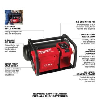 Milwaukee 2840-20 Cordless M18 FUEL 2 Gallon Compact Quiet Compressor - Tool Only