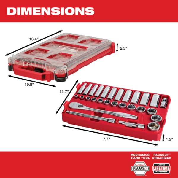 Milwaukee 48-22-9481 PACKOUT SAE 38 Ratchet and Socket Set 28-Piece (4) Milwaukee 48-22-9481 PACKOUT SAE 3/8" Ratchet and Socket Set 28-Piece