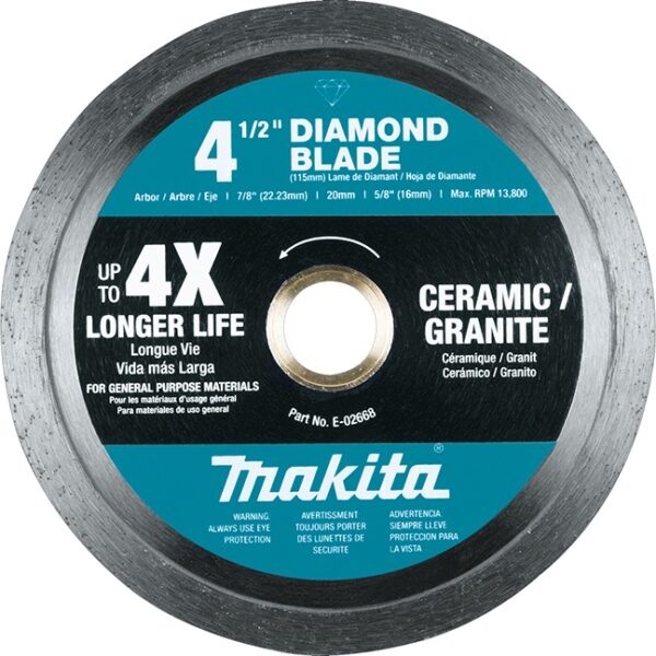 Makita E-02668 4‑1/2" Diamond Blade Continuous Rim General Purpose Makita E-02668 4‑1/2" Diamond Blade Continuous Rim General Purpose