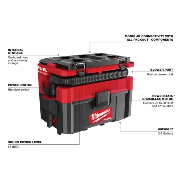 Milwaukee 0970-20 M18 FUEL PACKOUT 2.5 Gallon Wet/Dry Vacuum – Tool Only