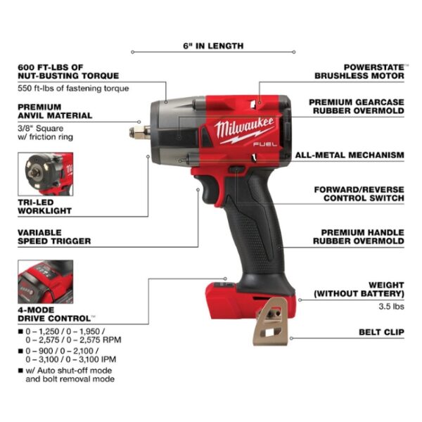 Milwaukee 2960-20 M18 FUEL 3/8" Mid-Torque Impact Wrench with Friction Ring - Tool Only