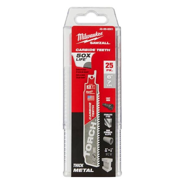 Milwaukee 48-00-8501 TORCH 6" 7TPI Carbide Tipped SAWZALL Blade for Thick Metal 25-Pack