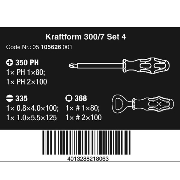 Wera 105626 Kraftform 300/7 Set 4 Phillips/Square/Slotted Screwdriver Set 7-Piece
