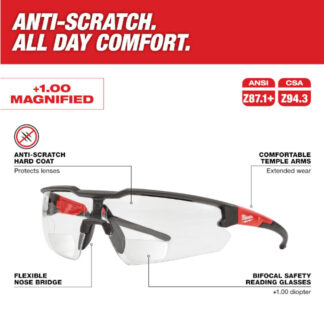 Milwaukee 48-73-2200 Anti-Scratch +1.00 Magnified Safety Glasses-Clear