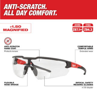 Milwaukee 48-73-2202 Anti-Scratch +1.50 Magnified Safety Glasses-Clear