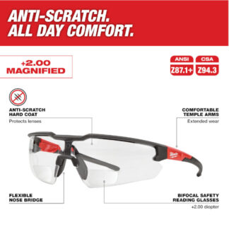 Milwaukee 48-73-2204 Anti-Scratch +2.00 Magnified Safety Glasses-Clear