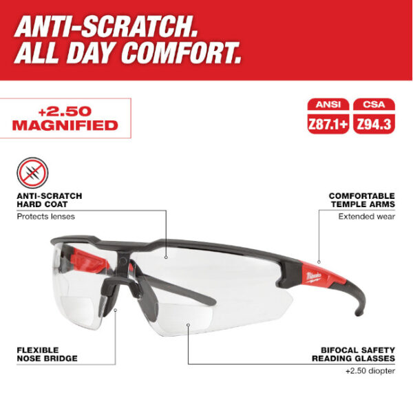 Milwaukee 48-73-2206 Bifocal Anti-Scratch Safety Glasses +2.50 Magnified - Clear