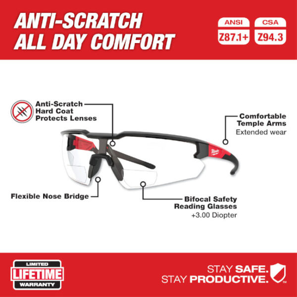 Milwaukee 48-73-2208 Bifocal Anti-Scratch Safety Glasses +3.00 Magnified - Clear