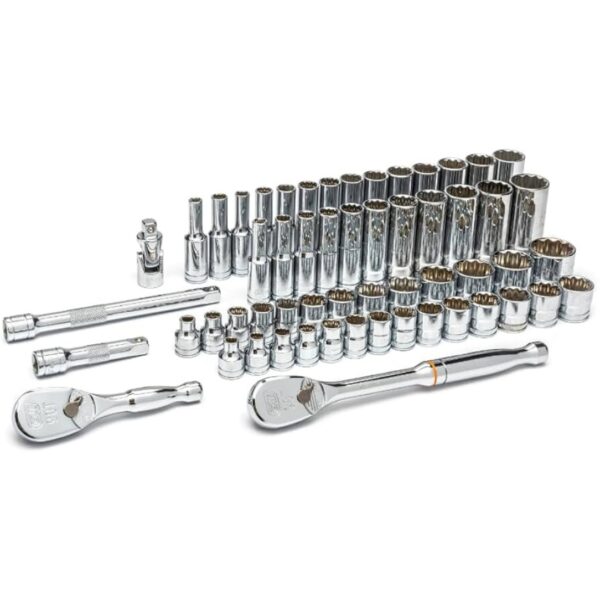 GearWrench 80551 38″ Drive 12-Point Standard and Deep SAEMetric Mechanics Tool Set 57-Piece (1) GearWrench 80551 3/8″ Drive 12-Point Standard and Deep SAE/Metric Mechanics Tool Set 57-Piece